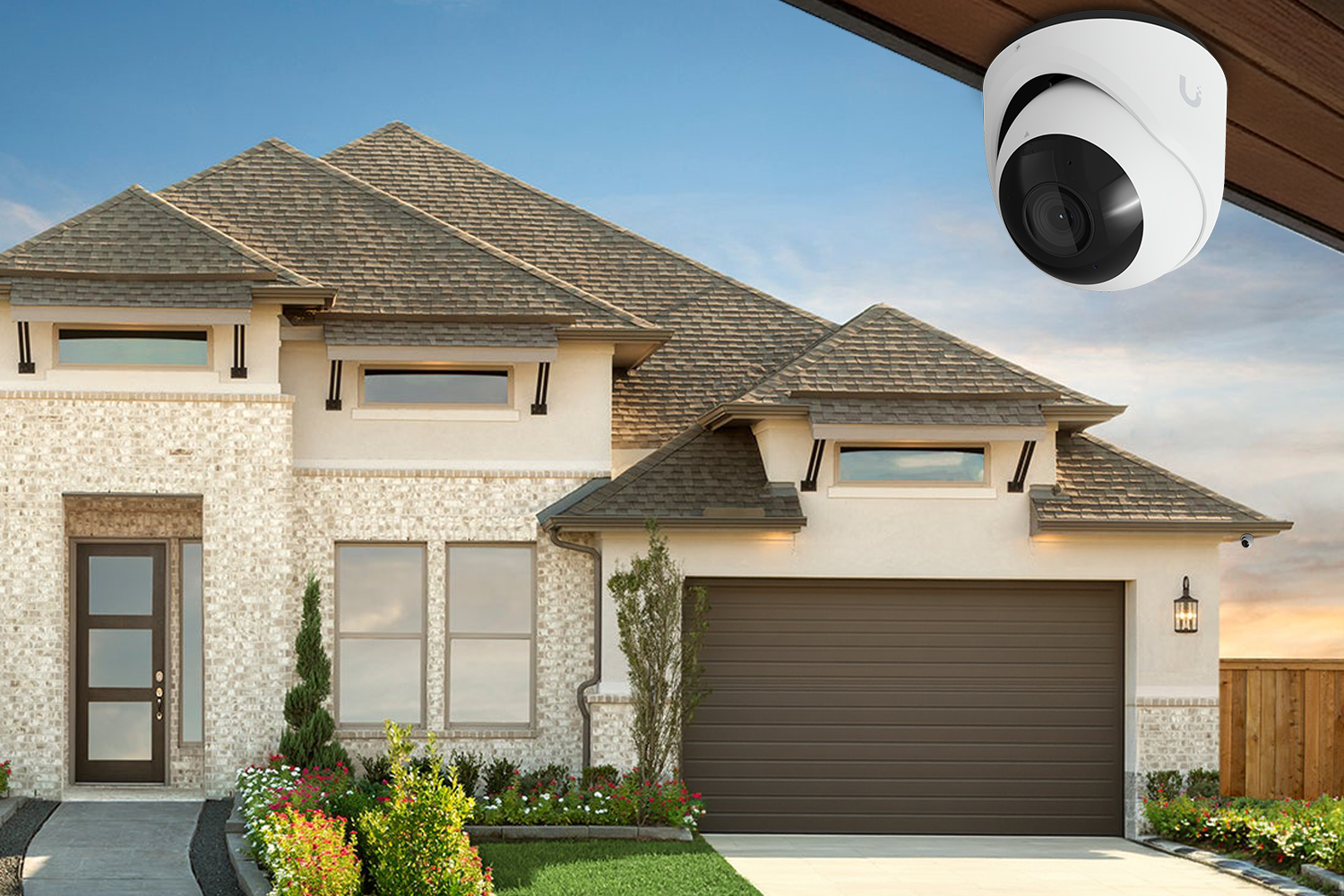 Luxury home exterior with camera coverage