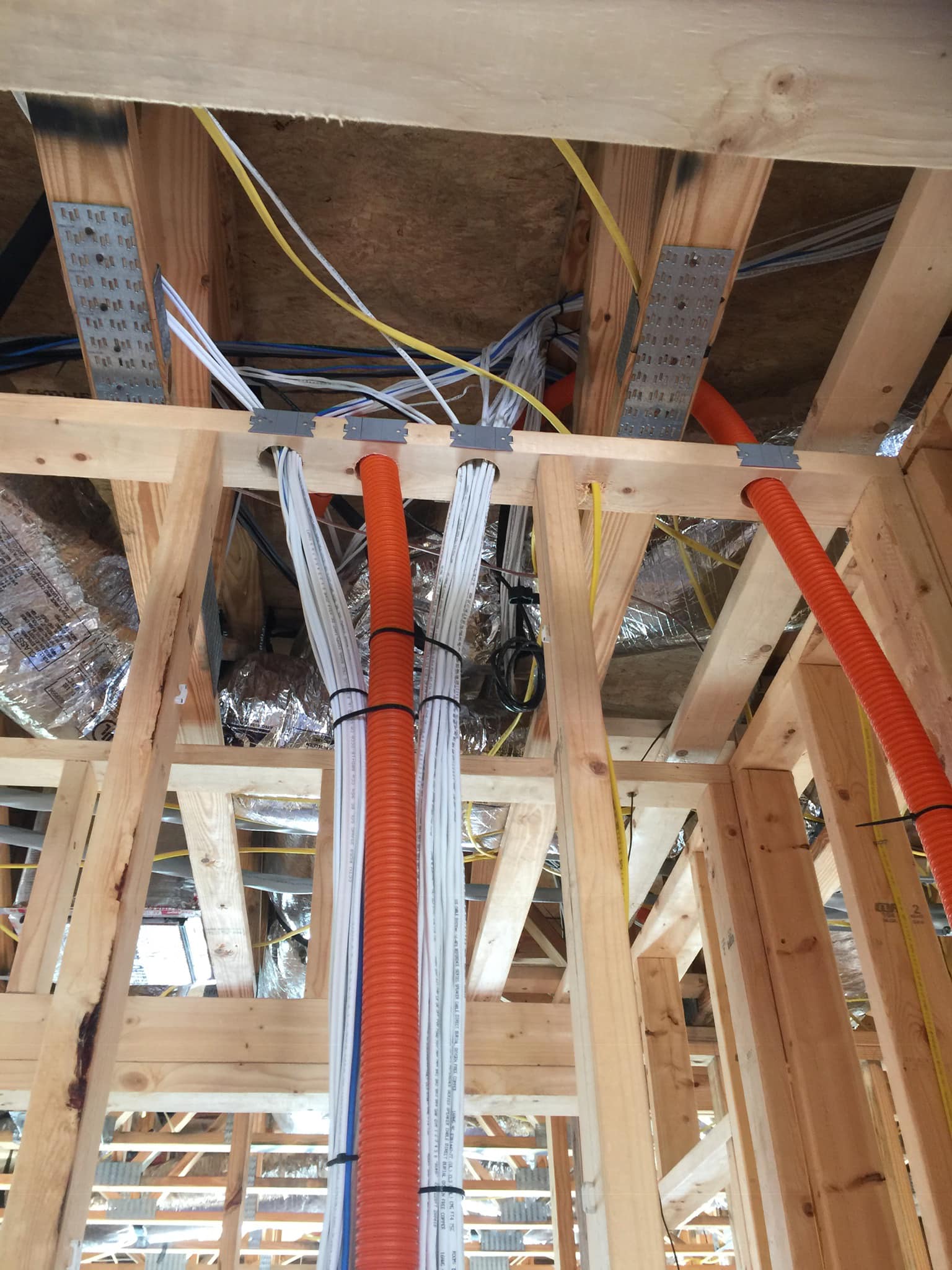 Low-voltage rough-in showing bundled structured cabling pulled into a junction box
