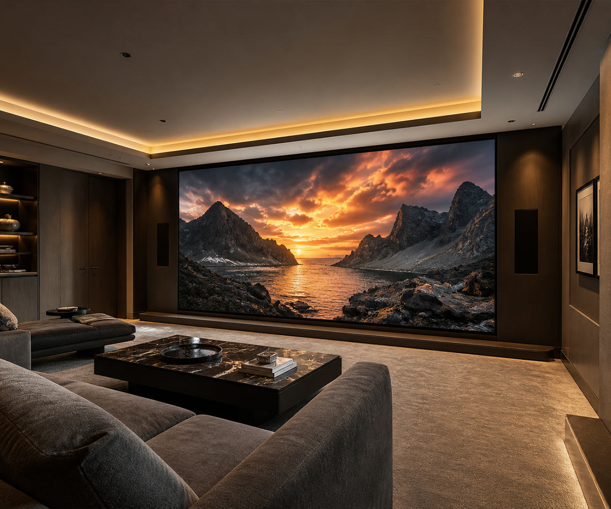 Modern home cinema with acoustic treatment and tiered seating